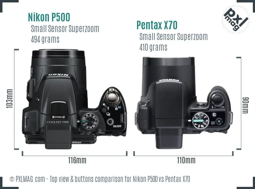 Nikon P500 vs Pentax X70 top view buttons comparison