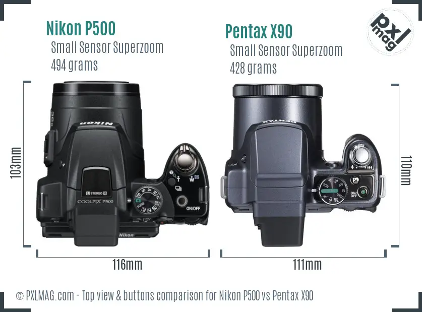 Nikon P500 vs Pentax X90 top view buttons comparison