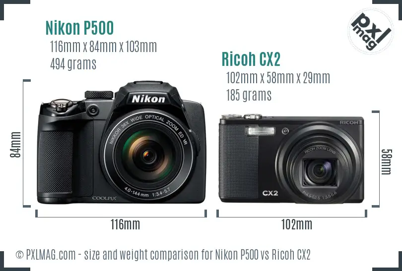 Nikon P500 vs Ricoh CX2 size comparison Nikon P500 vs Ricoh CX2 size comparison