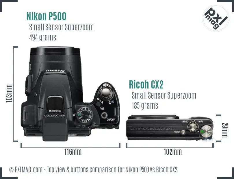 Nikon P500 vs Ricoh CX2 top view buttons comparison Nikon P500 vs Ricoh CX2 top view buttons comparison