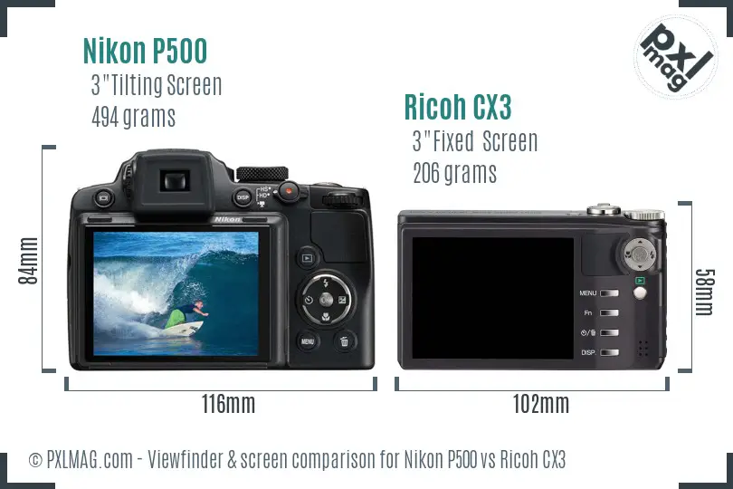 Nikon P500 vs Ricoh CX3 Screen and Viewfinder comparison