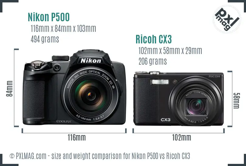 Nikon P500 vs Ricoh CX3 size comparison