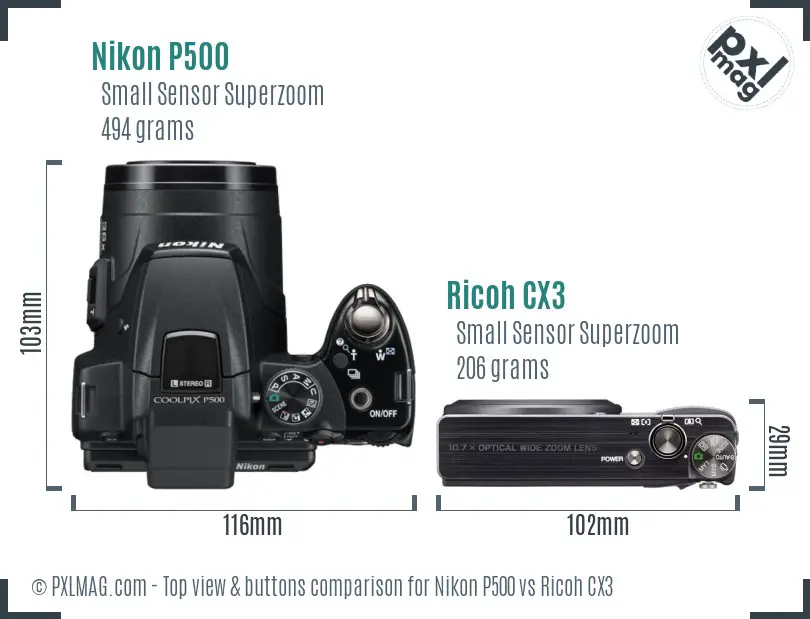 Nikon P500 vs Ricoh CX3 top view buttons comparison