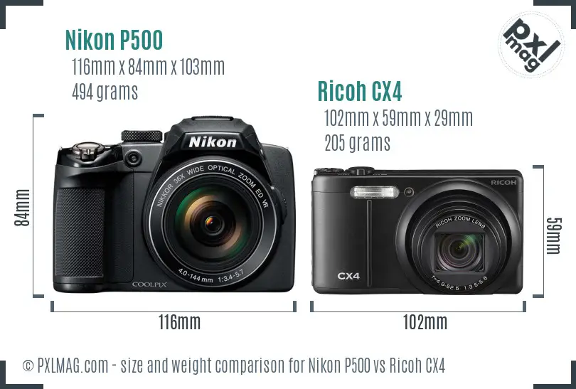 Nikon P500 vs Ricoh CX4 size comparison