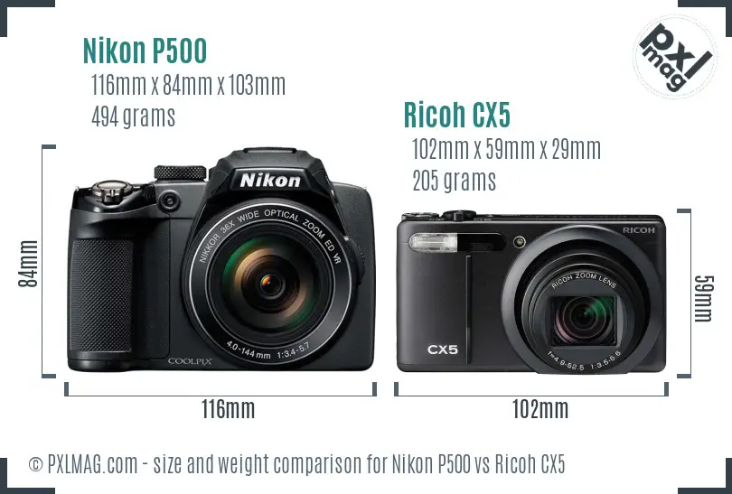 Nikon P500 vs Ricoh CX5 size comparison Nikon P500 vs Ricoh CX5 size comparison