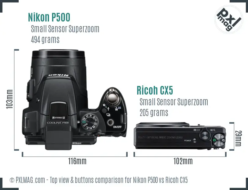 Nikon P500 vs Ricoh CX5 top view buttons comparison Nikon P500 vs Ricoh CX5 top view buttons comparison