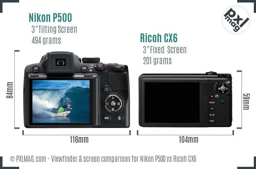 Nikon P500 vs Ricoh CX6 Screen and Viewfinder comparison