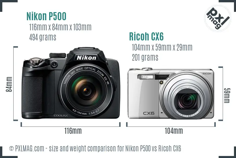 Nikon P500 vs Ricoh CX6 size comparison