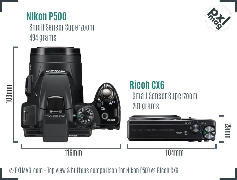 Nikon P500 vs Ricoh CX6 top view buttons comparison