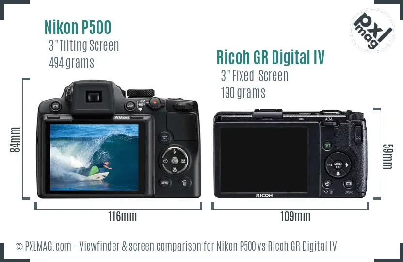 Nikon P500 vs Ricoh GR Digital IV Screen and Viewfinder comparison
