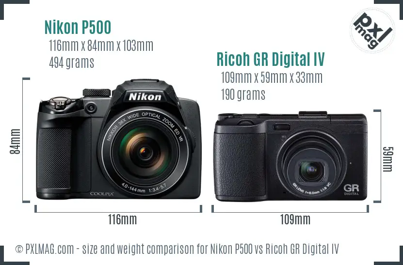 Nikon P500 vs Ricoh GR Digital IV size comparison