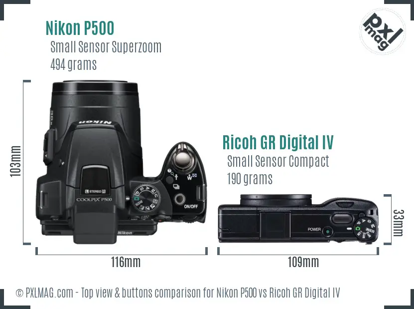 Nikon P500 vs Ricoh GR Digital IV top view buttons comparison