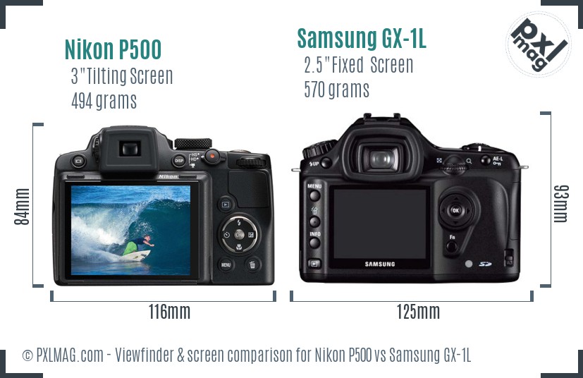 Nikon P500 vs Samsung GX-1L Screen and Viewfinder comparison