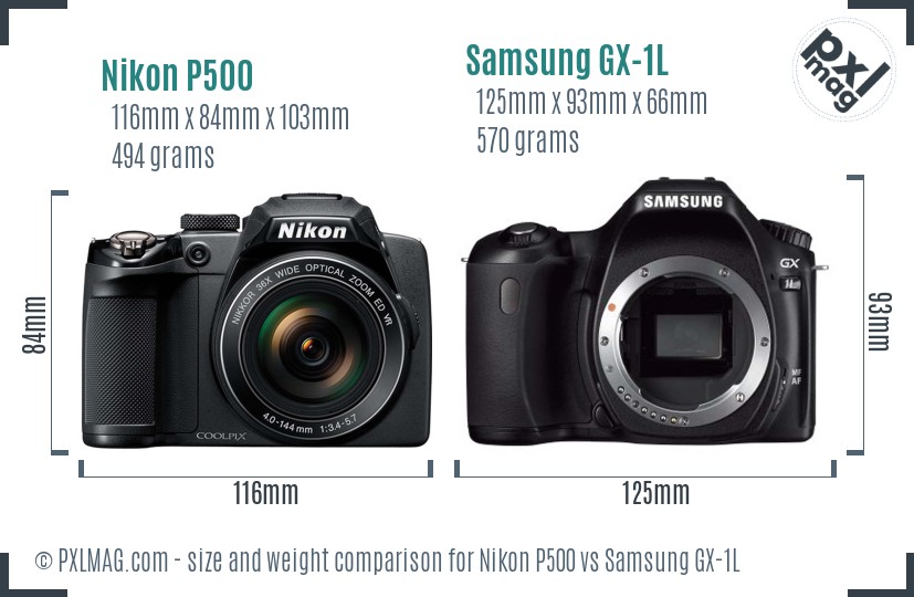 Nikon P500 vs Samsung GX-1L size comparison
