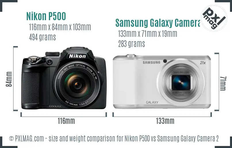 Nikon P500 vs Samsung Galaxy Camera 2 size comparison