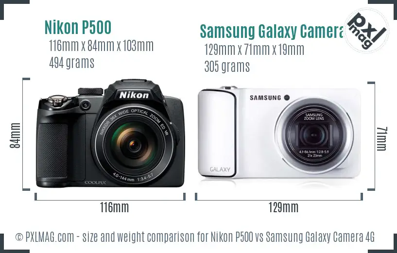Nikon P500 vs Samsung Galaxy Camera 4G size comparison