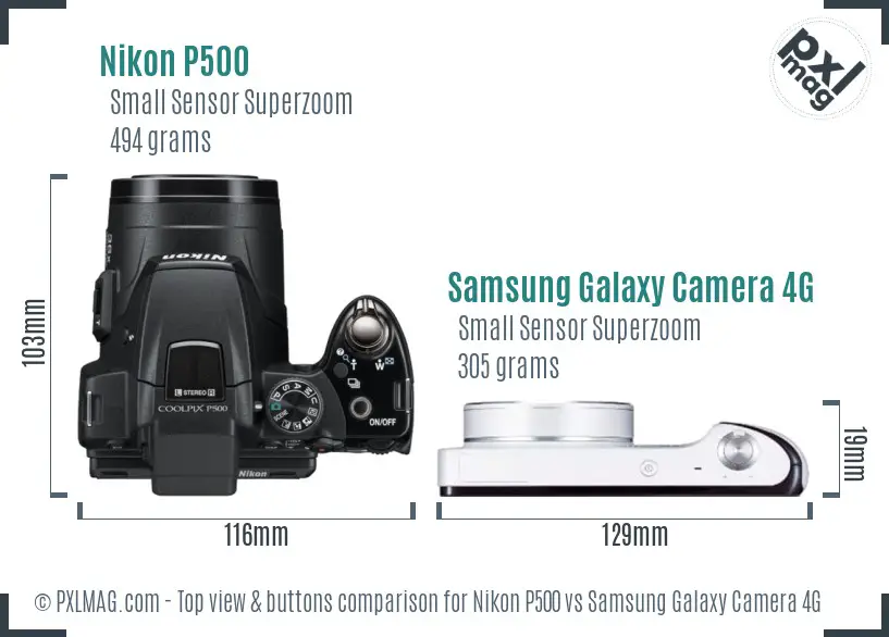 Nikon P500 vs Samsung Galaxy Camera 4G top view buttons comparison