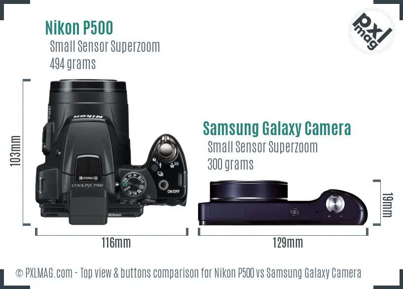 Nikon P500 vs Samsung Galaxy Camera top view buttons comparison Nikon P500 vs Samsung Galaxy Camera top view buttons comparison