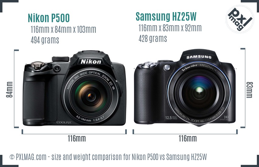Nikon P500 vs Samsung HZ25W size comparison Nikon P500 vs Samsung HZ25W size comparison