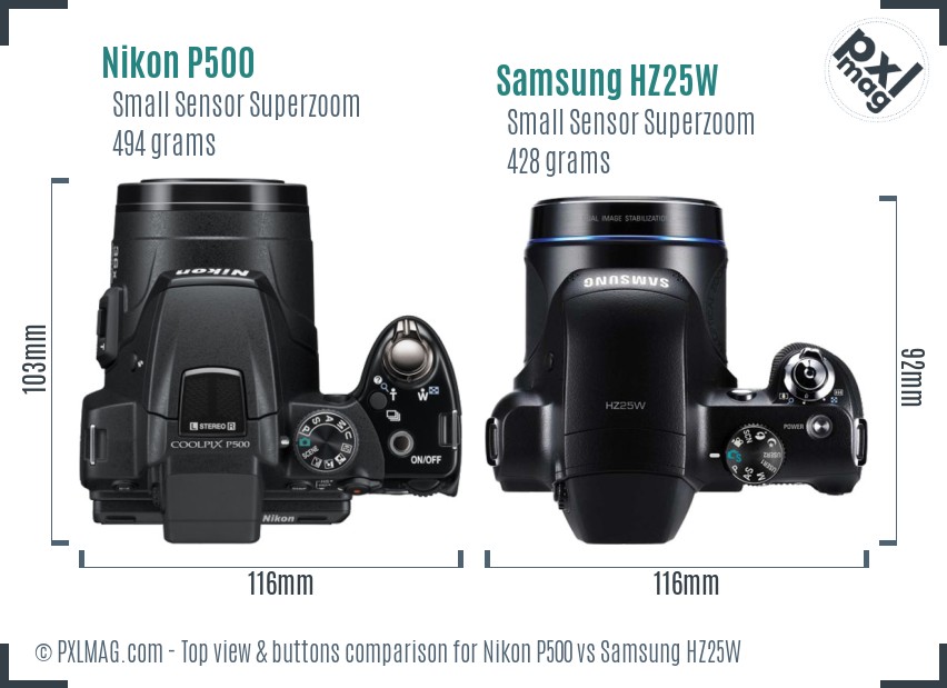 Nikon P500 vs Samsung HZ25W top view buttons comparison