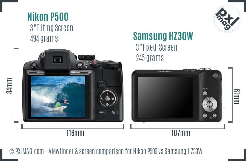 Nikon P500 vs Samsung HZ30W Screen and Viewfinder comparison