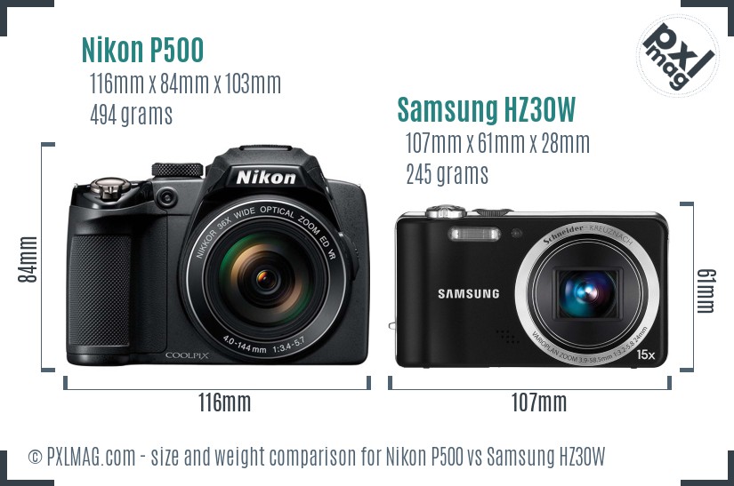 Nikon P500 vs Samsung HZ30W size comparison Nikon P500 vs Samsung HZ30W size comparison