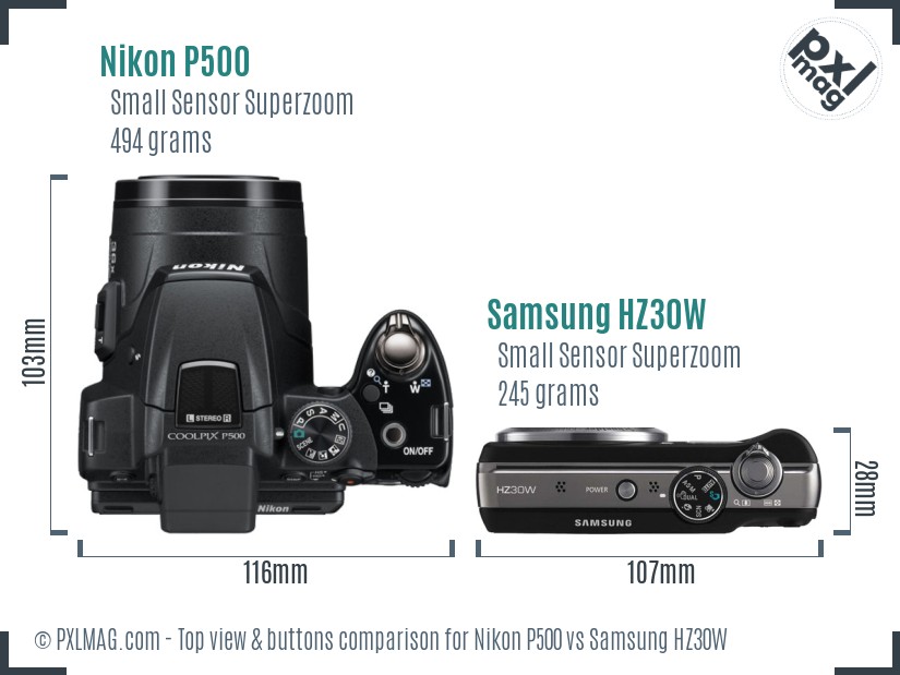 Nikon P500 vs Samsung HZ30W top view buttons comparison