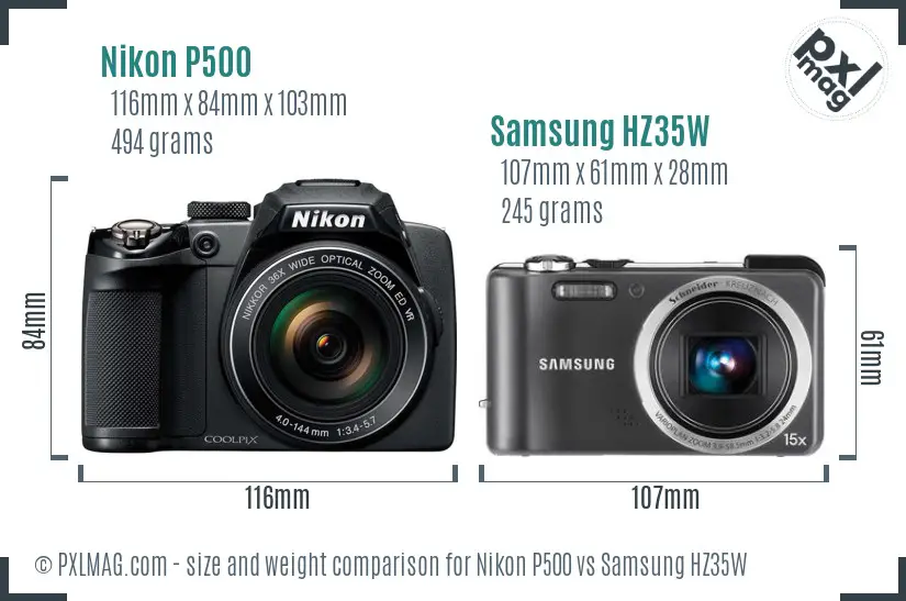 Nikon P500 vs Samsung HZ35W size comparison