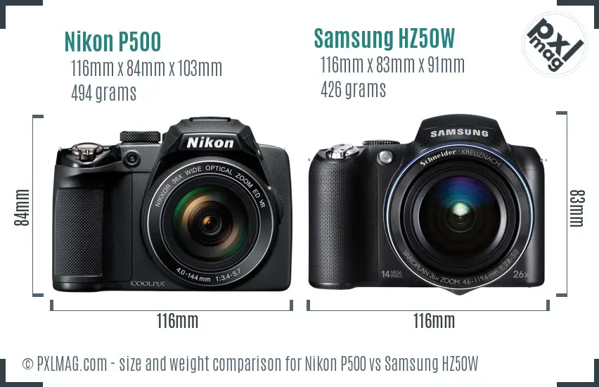Nikon P500 vs Samsung HZ50W size comparison