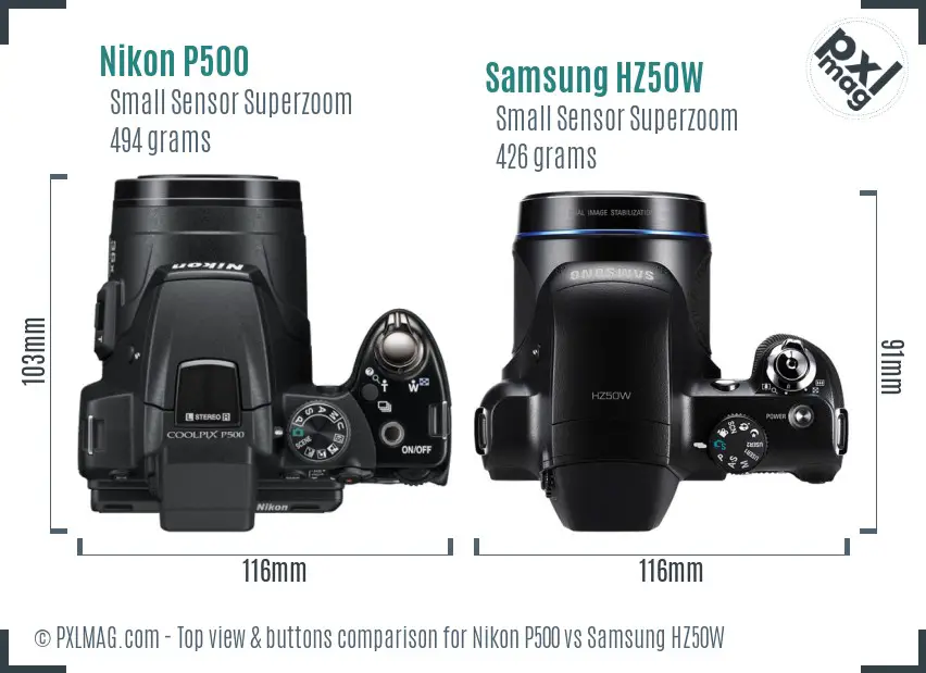 Nikon P500 vs Samsung HZ50W top view buttons comparison