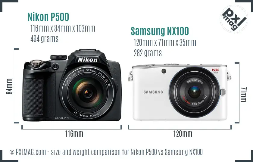 Nikon P500 vs Samsung NX100 size comparison