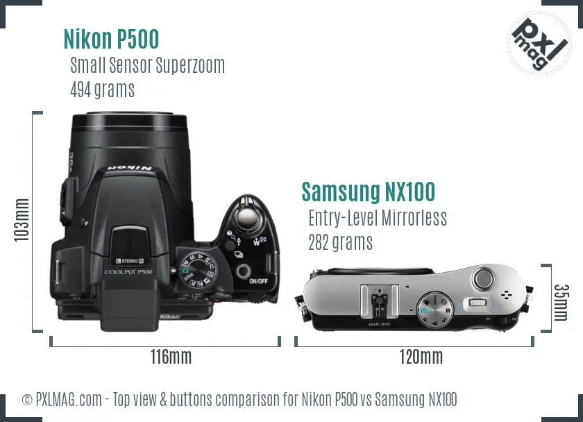Nikon P500 vs Samsung NX100 top view buttons comparison