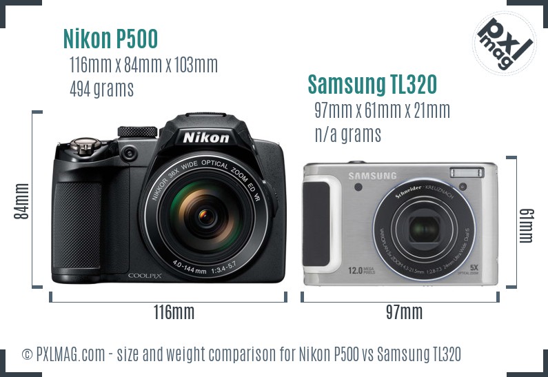 Nikon P500 vs Samsung TL320 size comparison