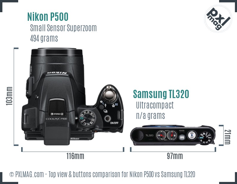 Nikon P500 vs Samsung TL320 top view buttons comparison