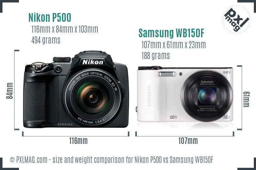 Nikon P500 vs Samsung WB150F size comparison