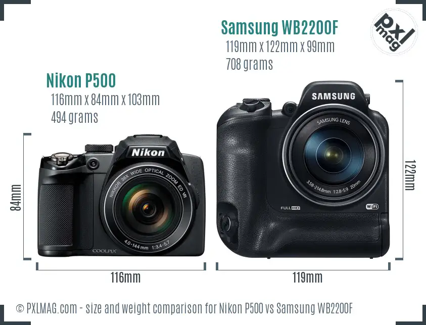 Nikon P500 vs Samsung WB2200F size comparison