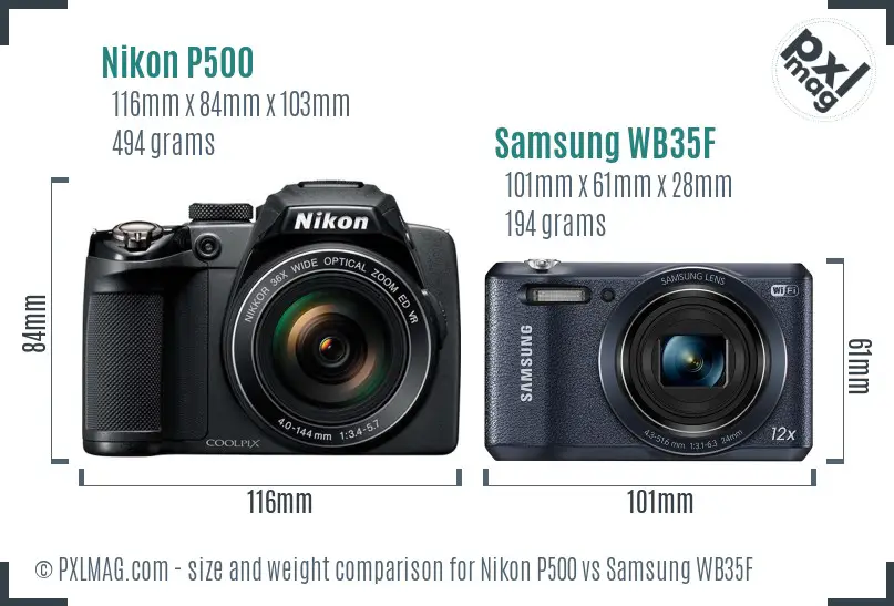 Nikon P500 vs Samsung WB35F size comparison
