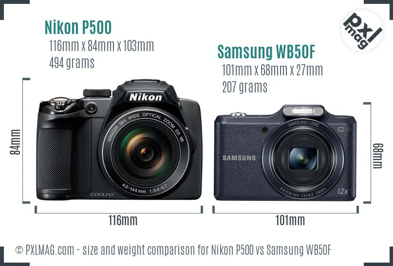 Nikon P500 vs Samsung WB50F size comparison