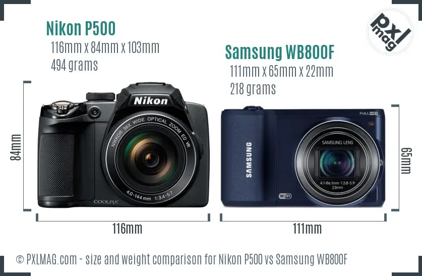 Nikon P500 vs Samsung WB800F size comparison