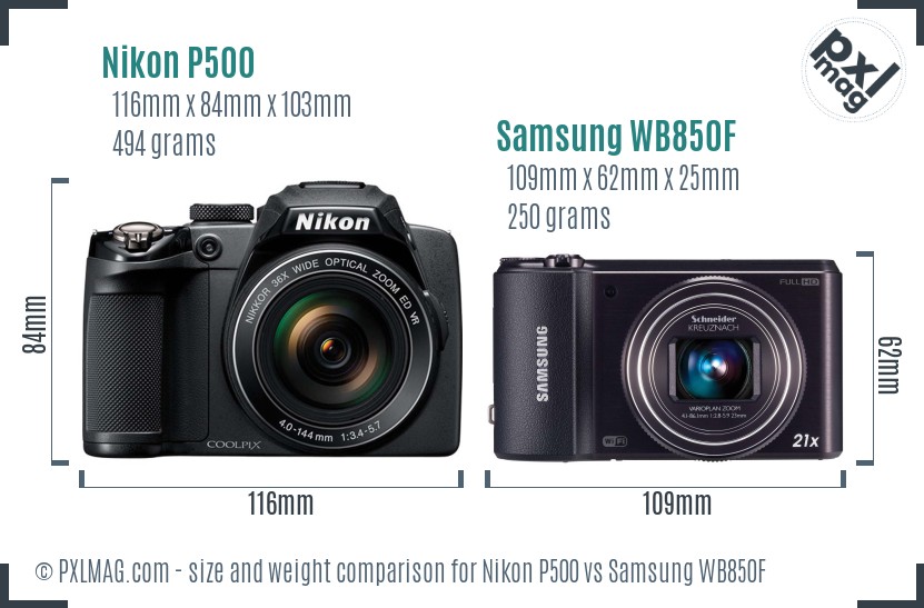 Nikon P500 vs Samsung WB850F size comparison