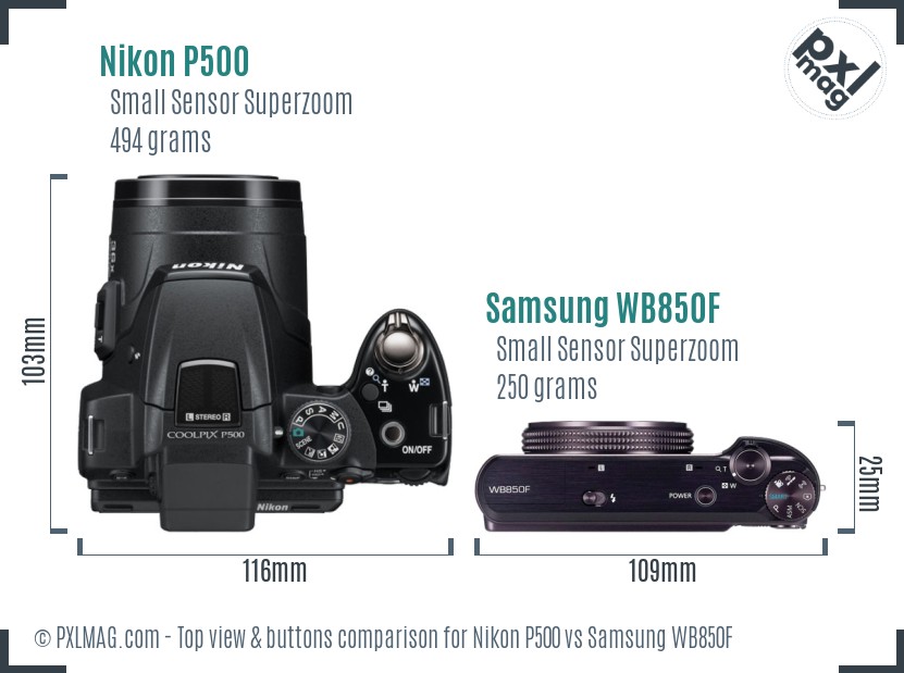 Nikon P500 vs Samsung WB850F top view buttons comparison