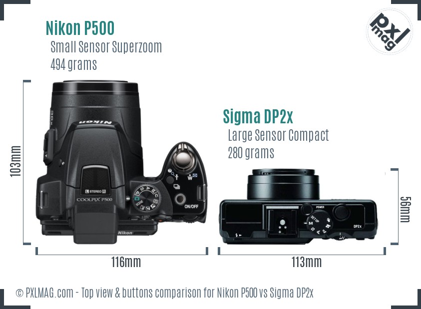 Nikon P500 vs Sigma DP2x top view buttons comparison