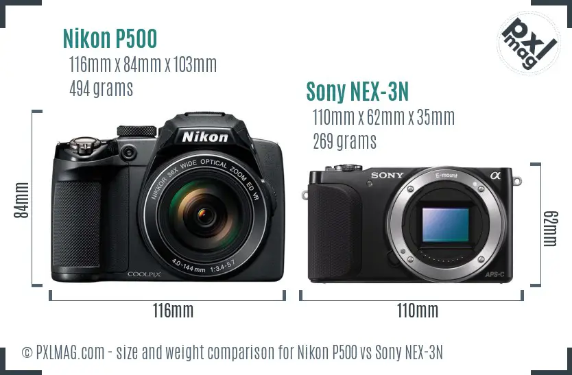 Nikon P500 vs Sony NEX-3N size comparison
