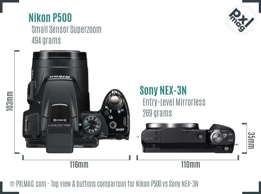 Nikon P500 vs Sony NEX-3N top view buttons comparison