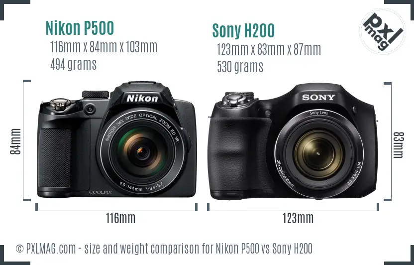 Nikon P500 vs Sony H200 size comparison