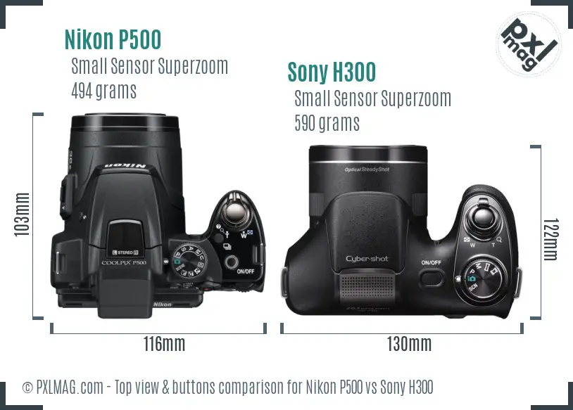 Nikon P500 vs Sony H300 top view buttons comparison