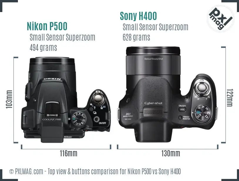 Nikon P500 vs Sony H400 top view buttons comparison
