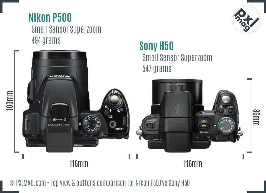 Nikon P500 vs Sony H50 top view buttons comparison
