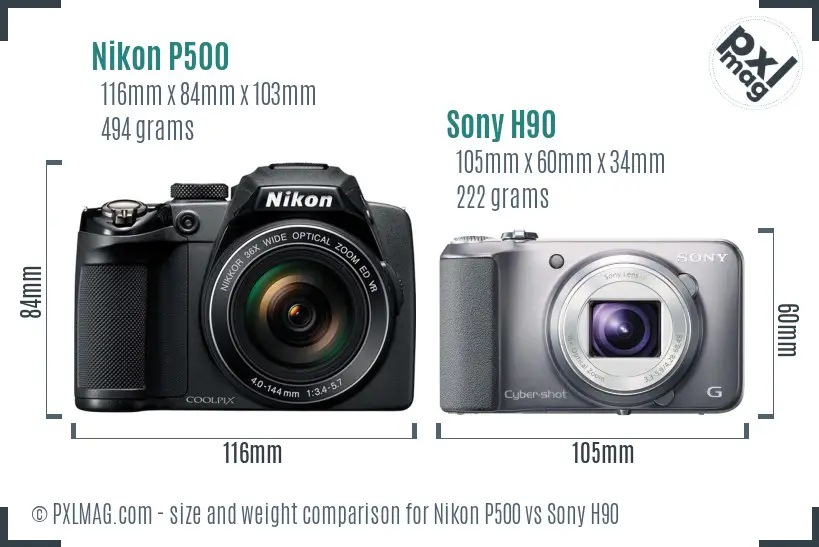 Nikon P500 vs Sony H90 size comparison