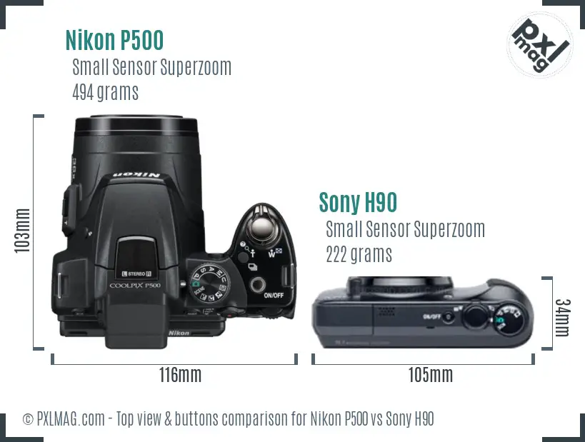 Nikon P500 vs Sony H90 top view buttons comparison